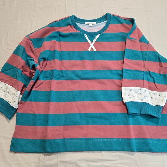NWOT Wishlist Teal Striped Sweatshirt Floral Contrast Sz M Oversized Boxy - Picture 1 of 8